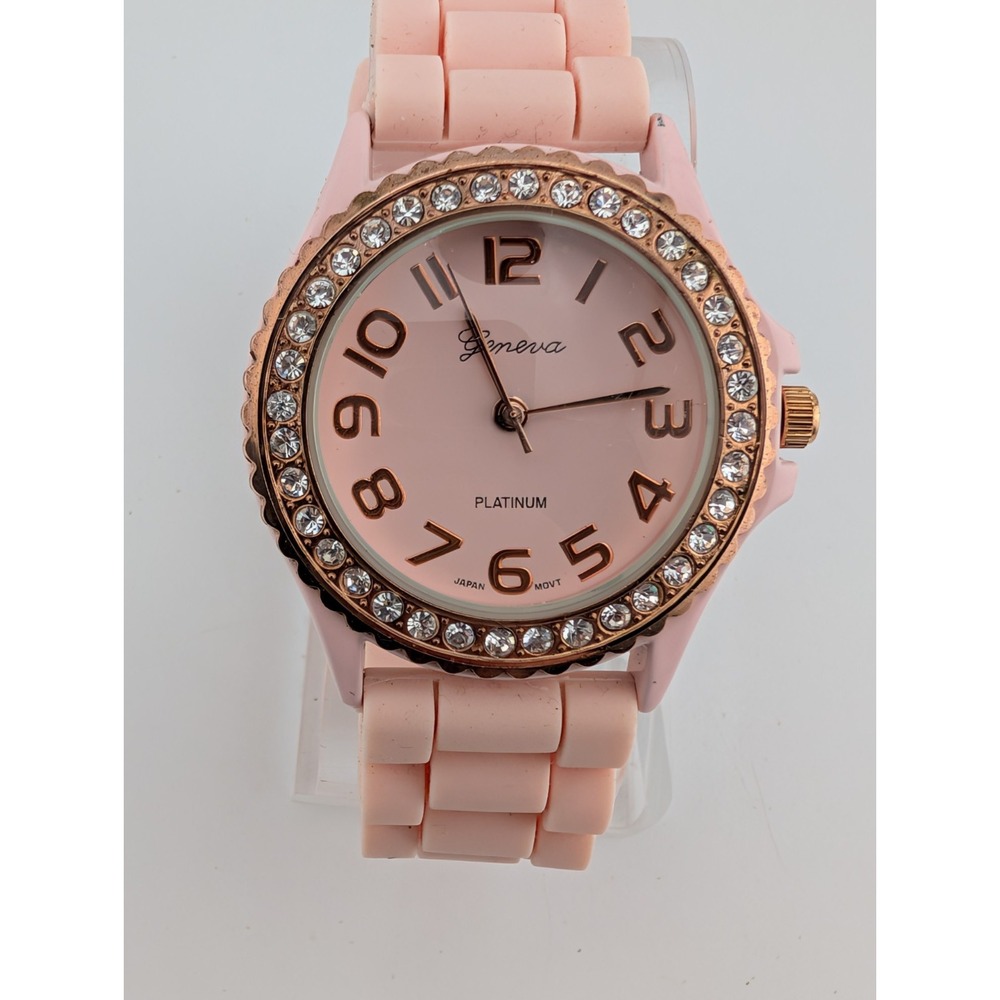 Geneva Platinum Women's Watch 38mm Case Light Pink Silicone Band- New Battery